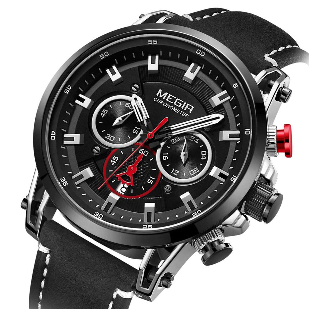 MEGIR 2085 men's chronograph watch, black case with black dial and black leather strap, front studio view