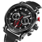 MEGIR 2085 men's chronograph watch, black case with black dial and black leather strap, front studio view