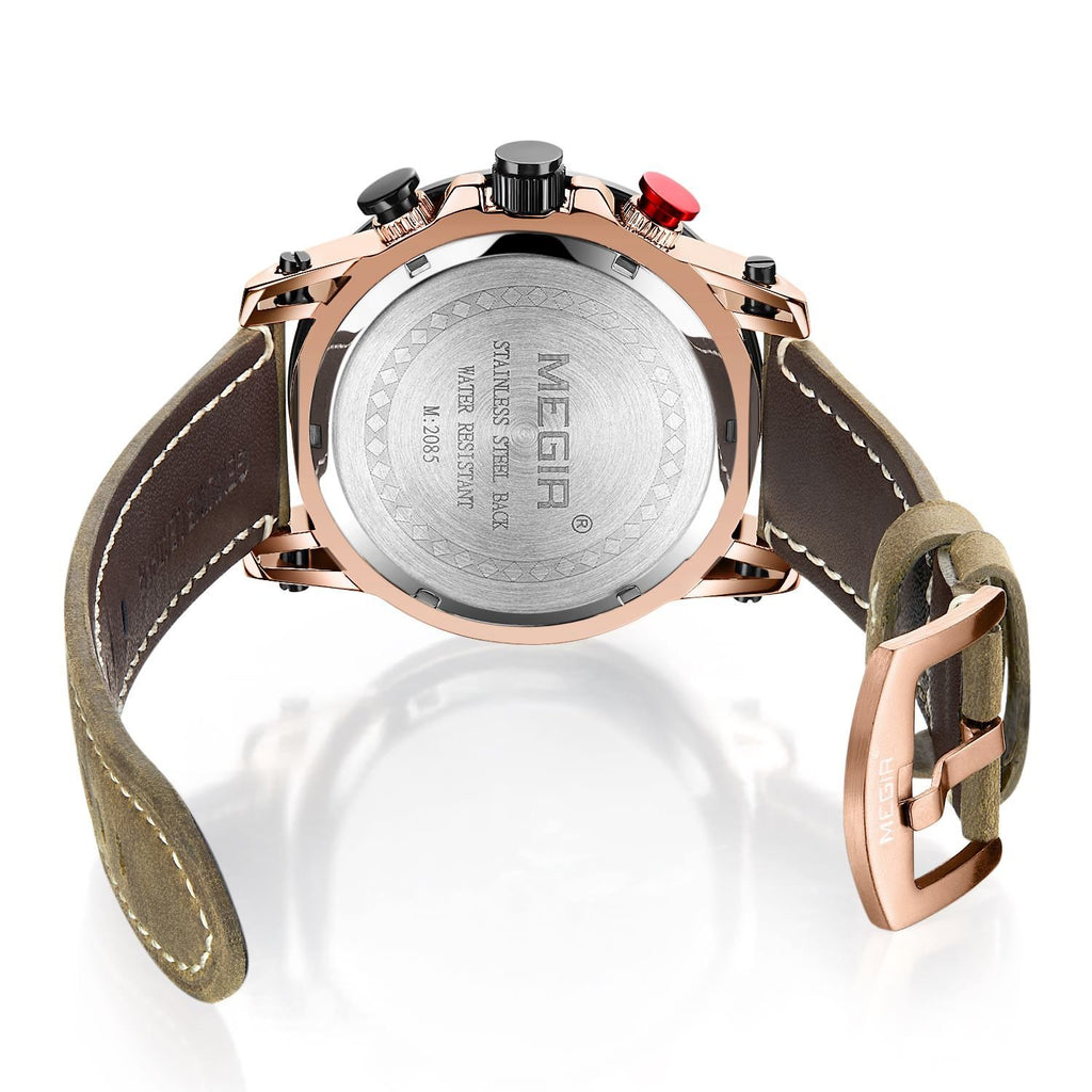 MEGIR 2085 men's chronograph watch caseback with engravings and brown leather strap with buckle