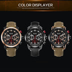 MEGIR 2085 men's chronograph watch shown in rose-gold, black and black-brown colour options