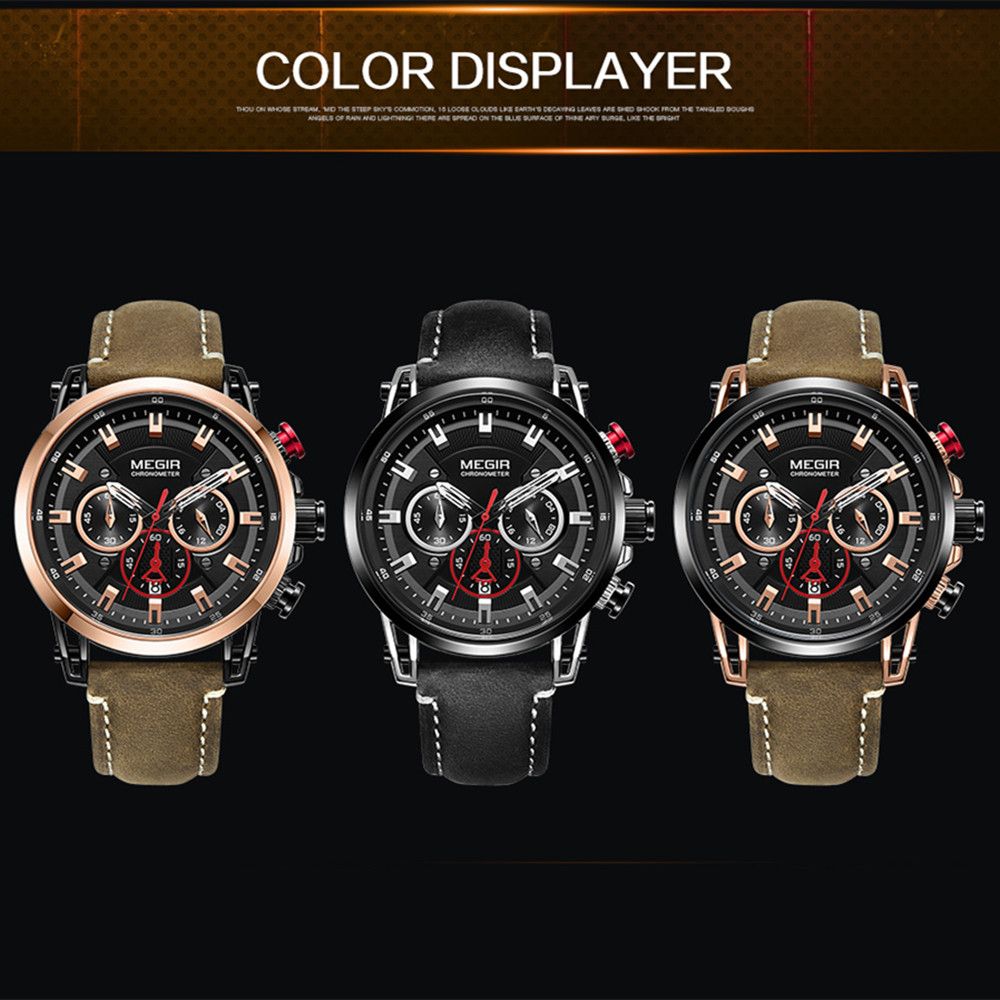 MEGIR 2085 men's chronograph watch shown in rose-gold, black and black-brown colour options