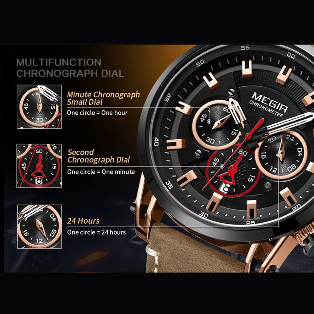 MEGIR 2085 men's chronograph watch feature graphic explaining the minute, second and 24-hour sub-dials