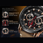 MEGIR 2085 men's chronograph watch feature graphic explaining the minute, second and 24-hour sub-dials