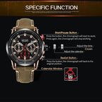 MEGIR 2085 men's chronograph watch operation graphic showing the start, calendar and reset buttons and crown