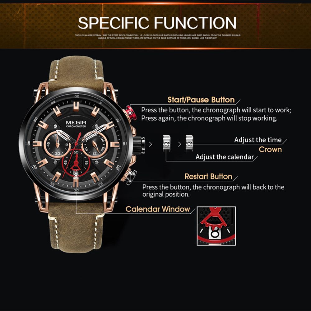 MEGIR 2085 men's chronograph watch operation graphic showing the start, calendar and reset buttons and crown