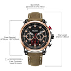 MEGIR 2085 men's chronograph watch parameters graphic with case diameter, thickness, band width and length