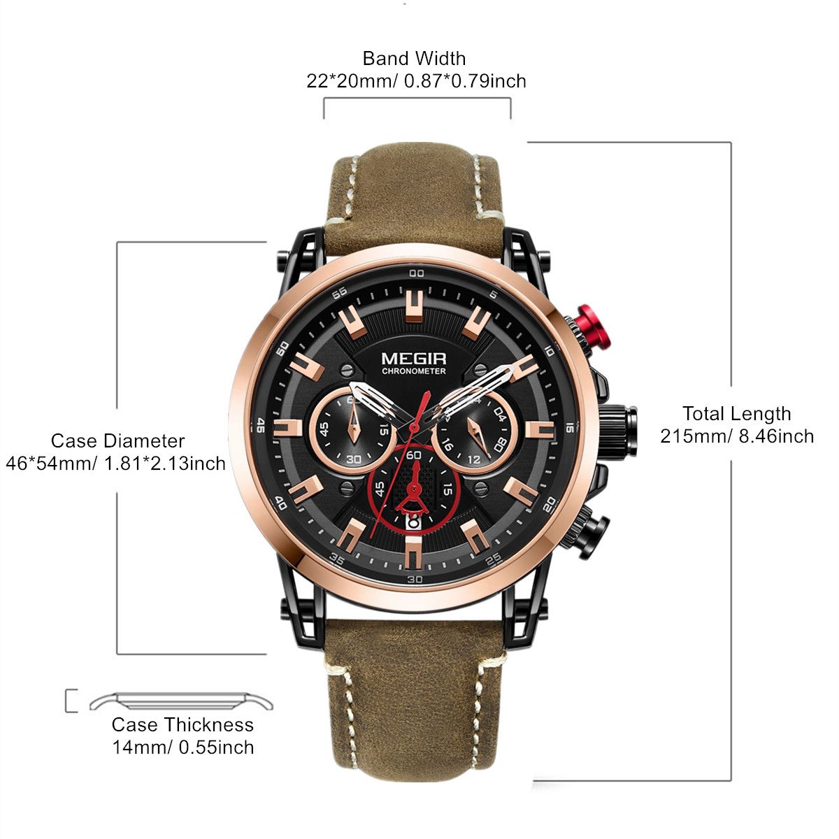 MEGIR 2085 men's chronograph watch parameters graphic with case diameter, thickness, band width and length