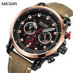 MEGIR 2085 men's chronograph watch, rose-gold bezel with black dial and brown leather strap, front view