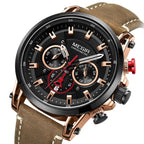 MEGIR 2085 men's chronograph watch, rose-gold bezel with black dial and brown leather strap, front studio view