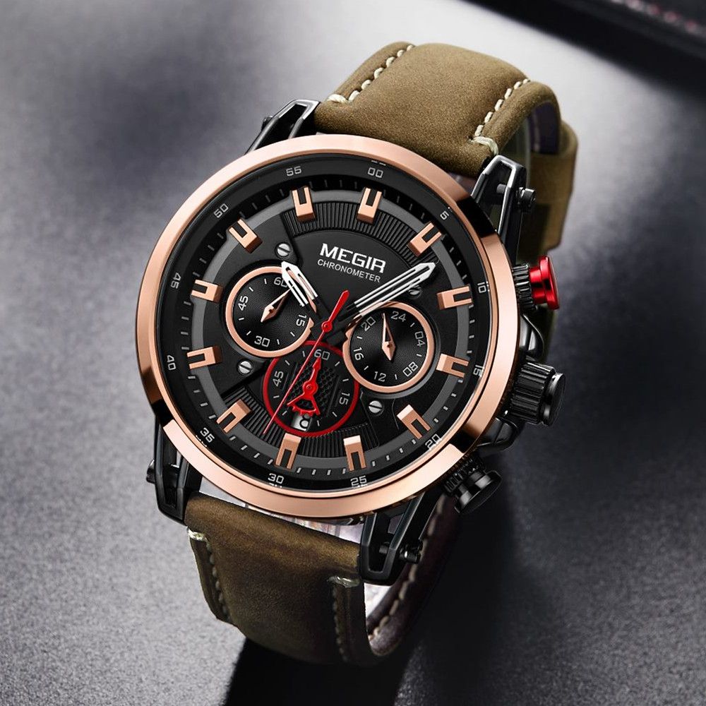 MEGIR 2085 men's chronograph watch, rose-gold bezel with black dial and brown leather strap, angled view