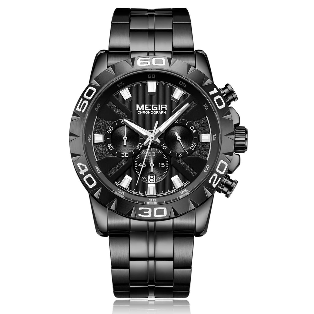 MEGIR 2087 men's chronograph watch, black case with black dial and black stainless steel bracelet, front studio view