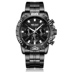 MEGIR 2087 men's chronograph watch, black case with black dial and black stainless steel bracelet, front studio view