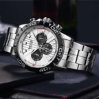 MEGIR 2087 men's chronograph watch, silver case with white dial and stainless steel bracelet, three-quarter view