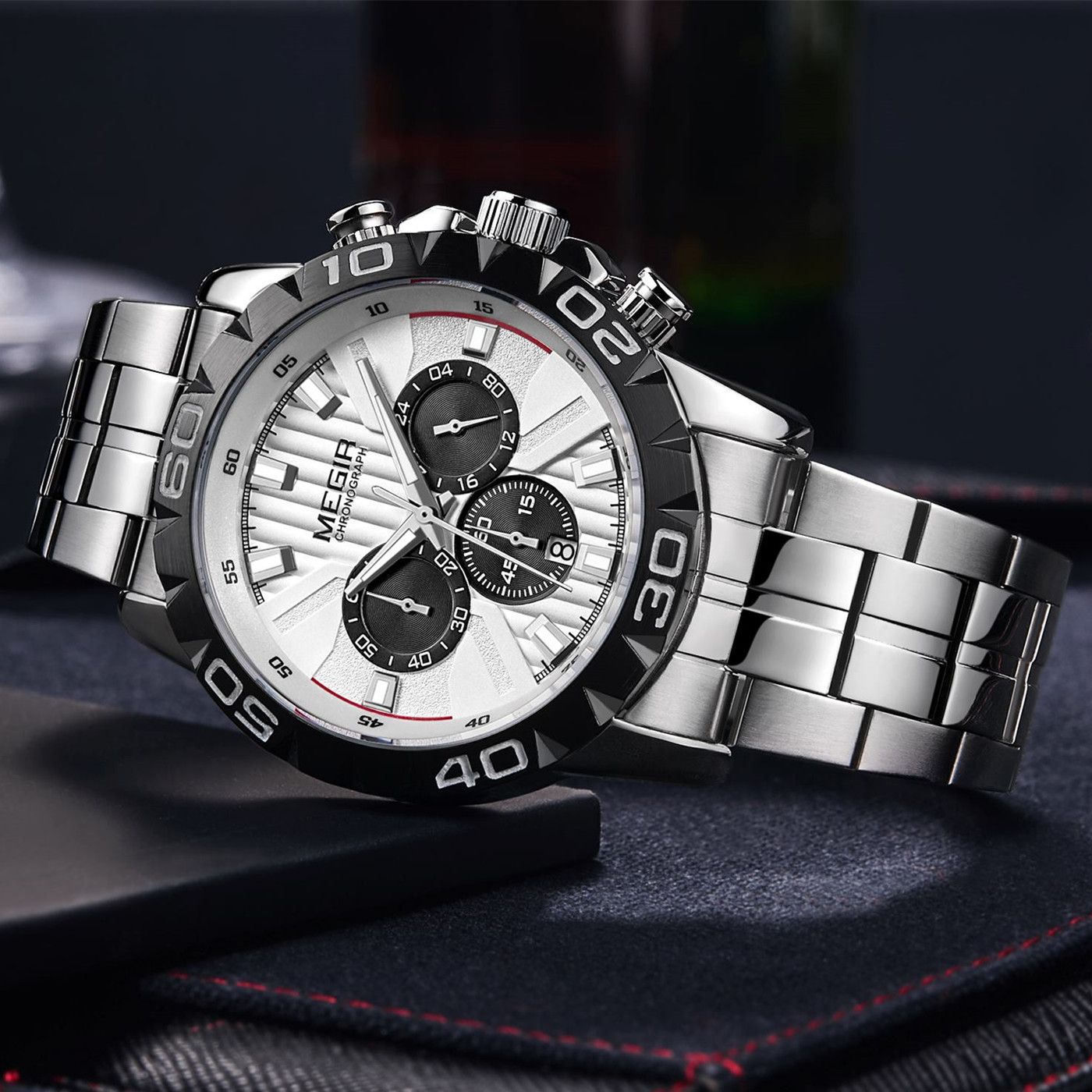 MEGIR 2087 men's chronograph watch, silver case with white dial and stainless steel bracelet, three-quarter view