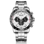 MEGIR 2087 men's chronograph watch, silver case with white dial and stainless steel bracelet, front studio view