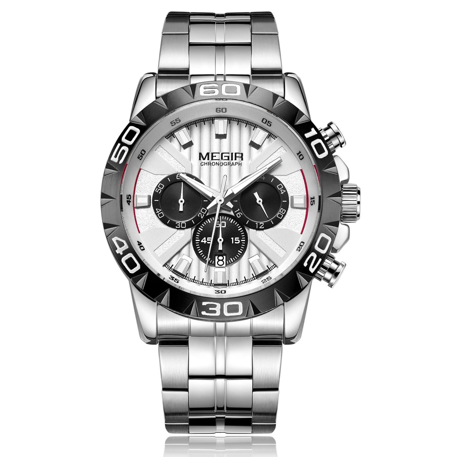 MEGIR 2087 men's chronograph watch, silver case with white dial and stainless steel bracelet, front studio view