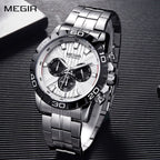 MEGIR 2087 men's chronograph watch, silver case with white dial and stainless steel bracelet, angled view