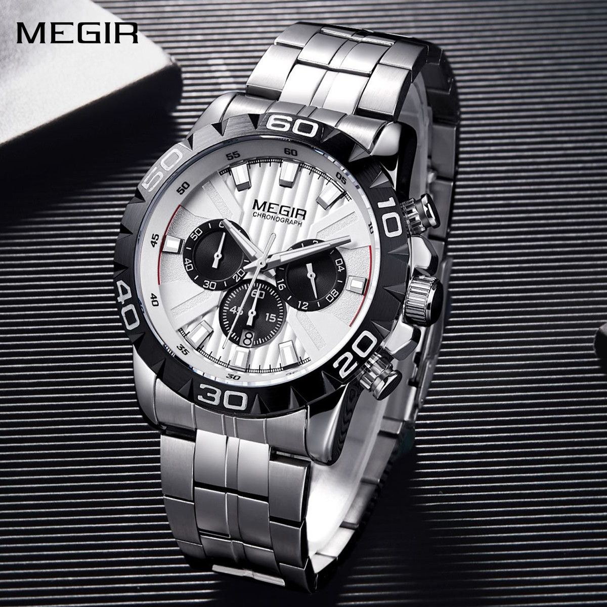 MEGIR 2087 men's chronograph watch, silver case with white dial and stainless steel bracelet, angled view