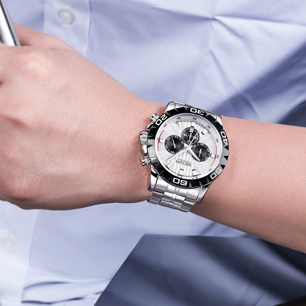 MEGIR 2087 men's chronograph watch on the wrist, silver case with white dial and stainless steel bracelet