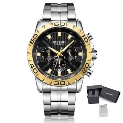 MEGIR 2087 men's chronograph watch, gold-tone bezel with black dial and stainless steel bracelet, with gift box