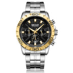 MEGIR 2087 men's chronograph watch, gold-tone bezel with black dial and stainless steel bracelet, front studio view