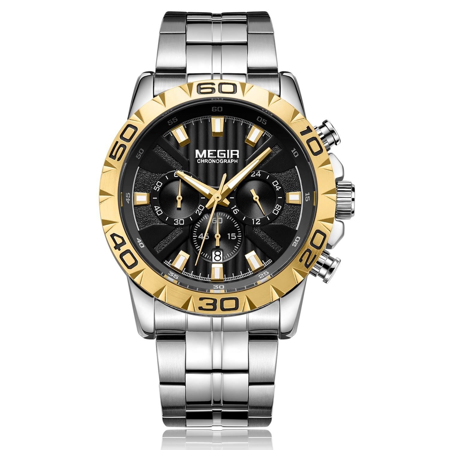 MEGIR 2087 men's chronograph watch, gold-tone bezel with black dial and stainless steel bracelet, front studio view