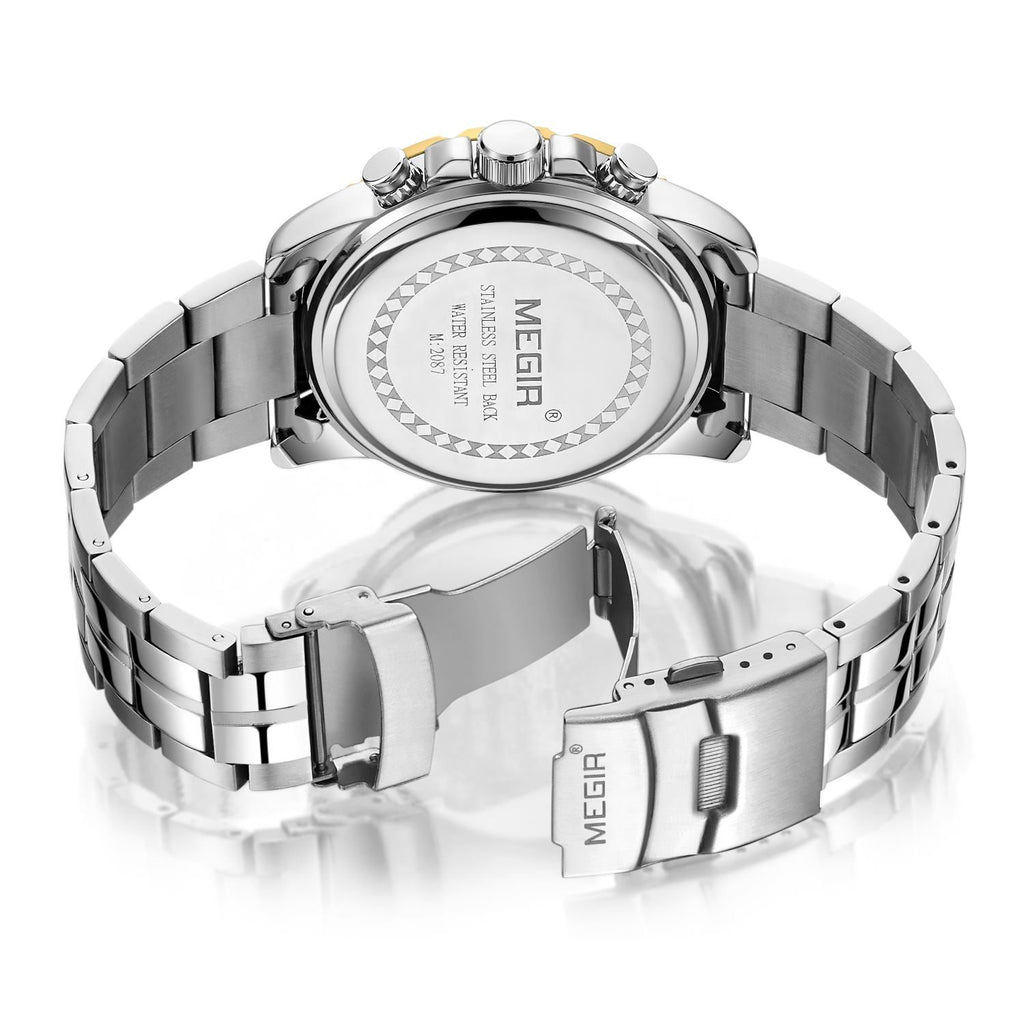MEGIR 2087 men's chronograph watch caseback with engravings and stainless steel bracelet with clasp