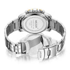 MEGIR 2087 men's chronograph watch caseback with engravings and stainless steel bracelet with clasp