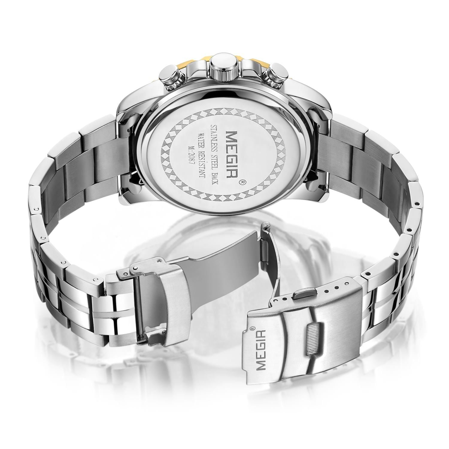MEGIR 2087 men's chronograph watch caseback with engravings and stainless steel bracelet with clasp