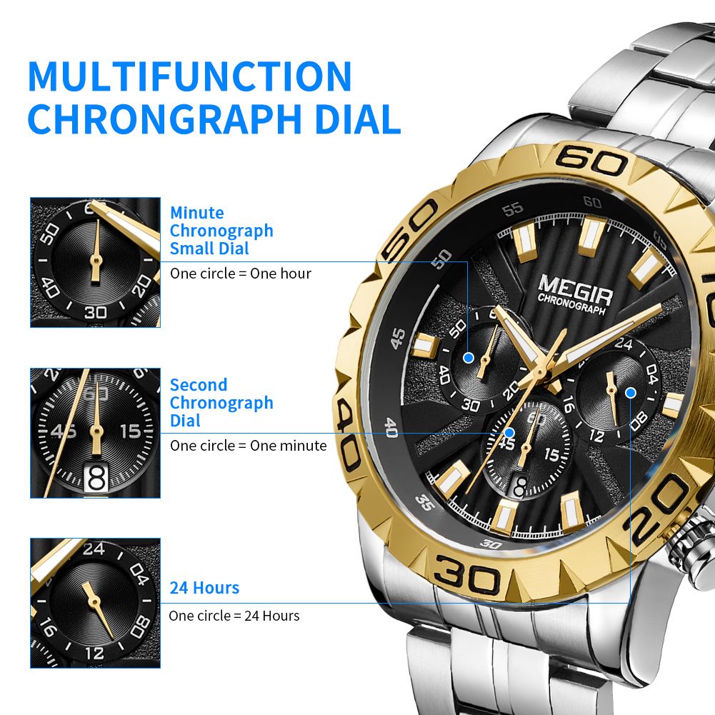 MEGIR 2087 men's chronograph watch feature graphic explaining the minute, second and 24-hour sub-dials
