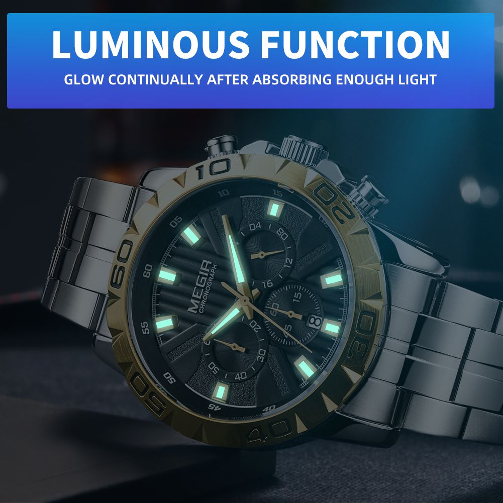 MEGIR 2087 men's chronograph watch feature graphic showing luminous hands and markers glowing in the dark