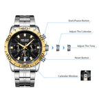 MEGIR 2087 men's chronograph watch operation graphic showing the start, calendar and reset buttons and crown
