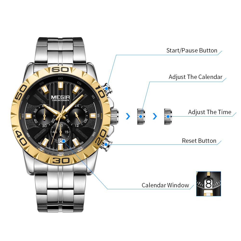 MEGIR 2087 men's chronograph watch operation graphic showing the start, calendar and reset buttons and crown