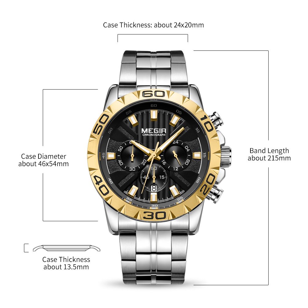 MEGIR 2087 men's chronograph watch parameters graphic with case diameter, thickness and band length