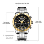 MEGIR 2087 men's chronograph watch parameters graphic with case diameter, thickness and band length