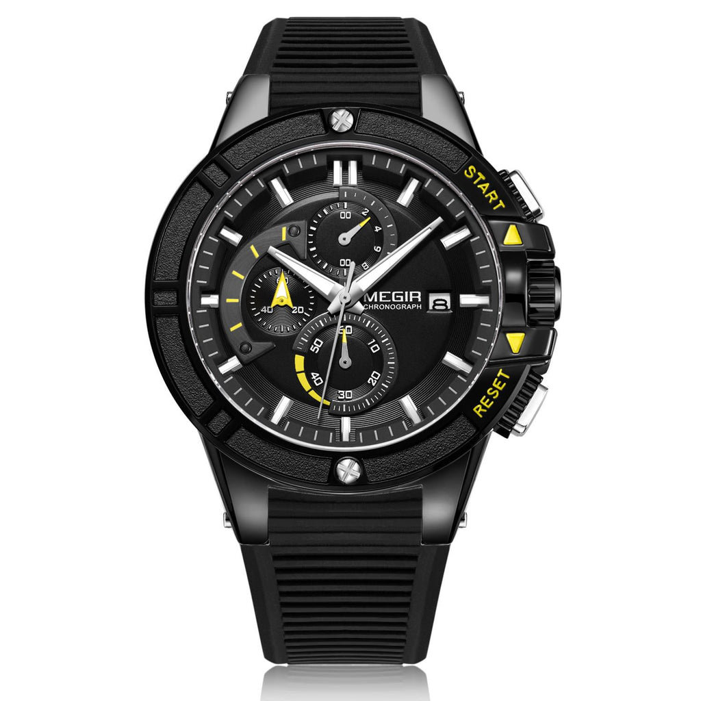 MEGIR 2095 men's chronograph watch, black case with black dial, yellow accents and black silicone strap, front studio view