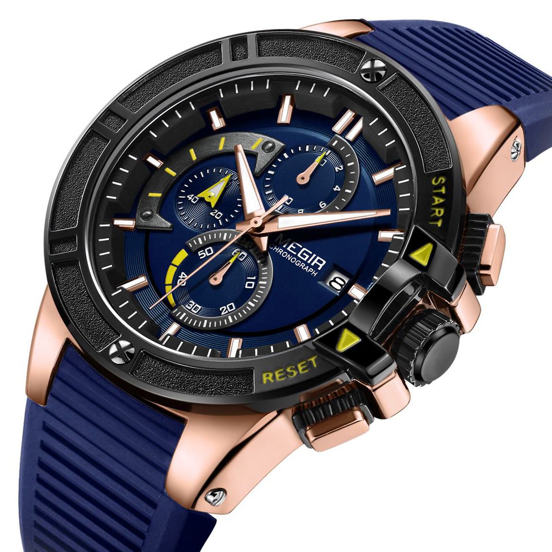 MEGIR 2095 men's chronograph watch, rose-gold case with blue dial, yellow accents and blue silicone strap, side angle view