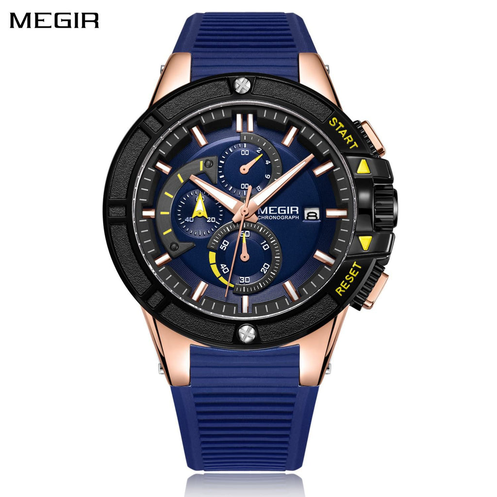 MEGIR 2095 men's chronograph watch, rose-gold case with blue dial, yellow accents and blue silicone strap, front studio view