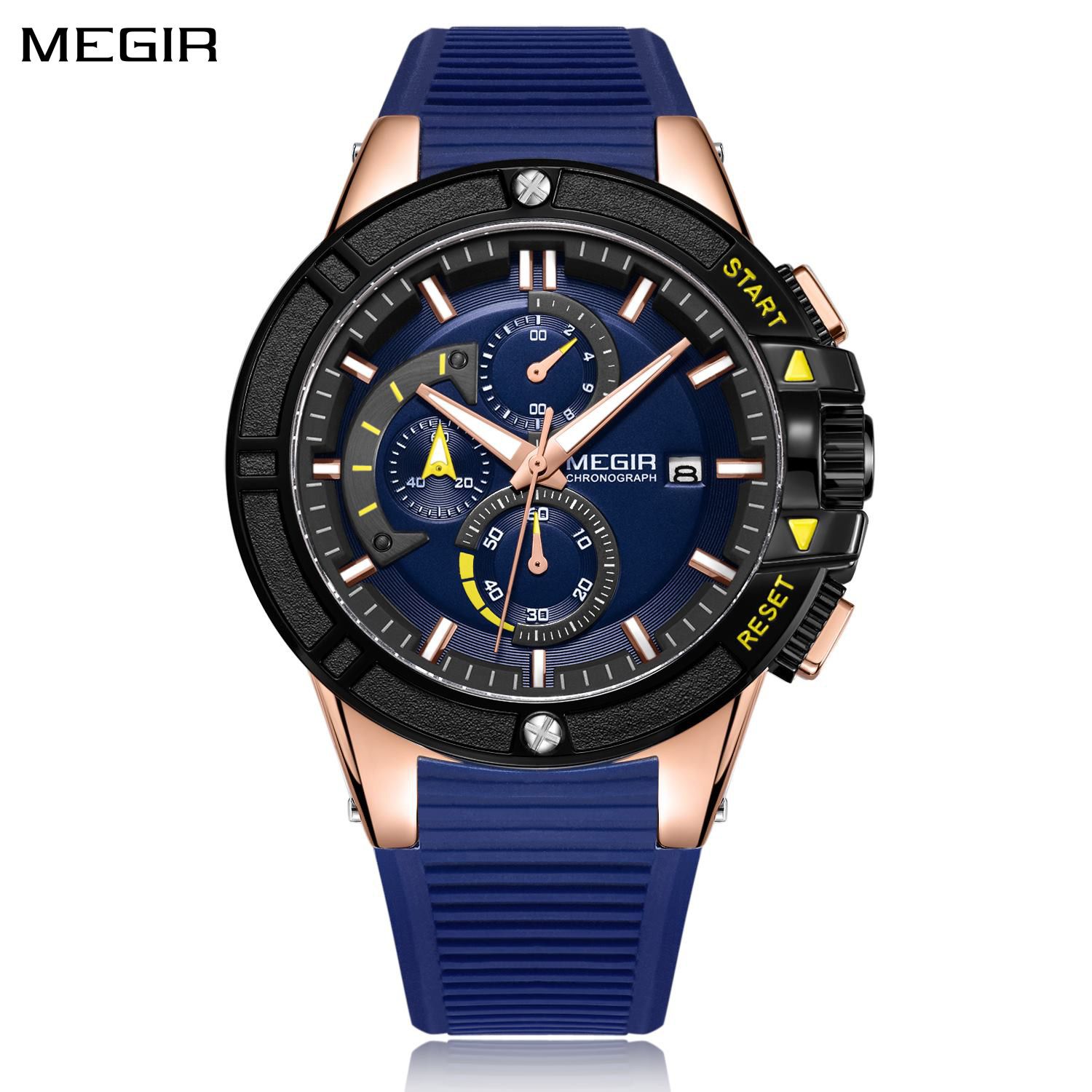 MEGIR 2095 men's chronograph watch, rose-gold case with blue dial, yellow accents and blue silicone strap, front studio view