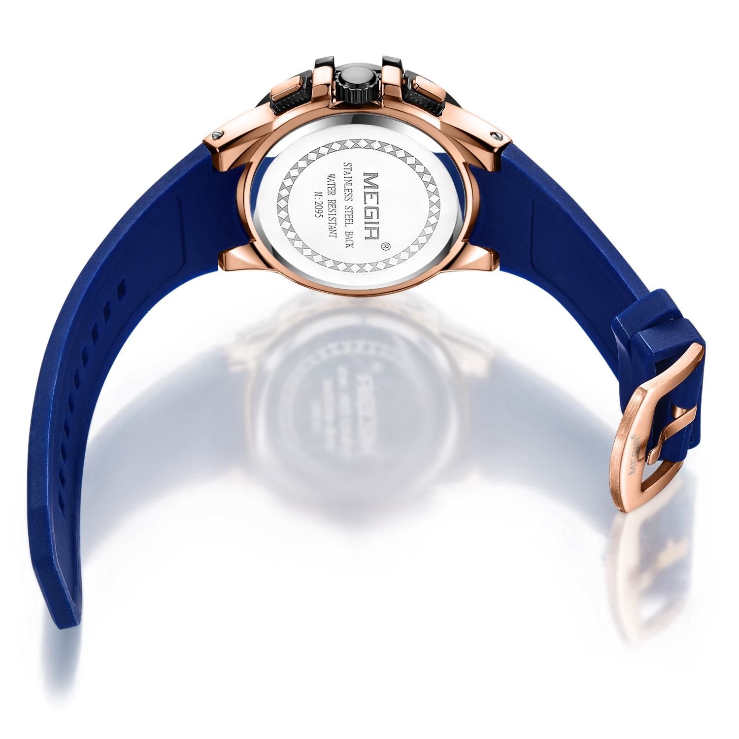 MEGIR 2095 men's chronograph watch caseback with engravings and blue silicone strap with buckle