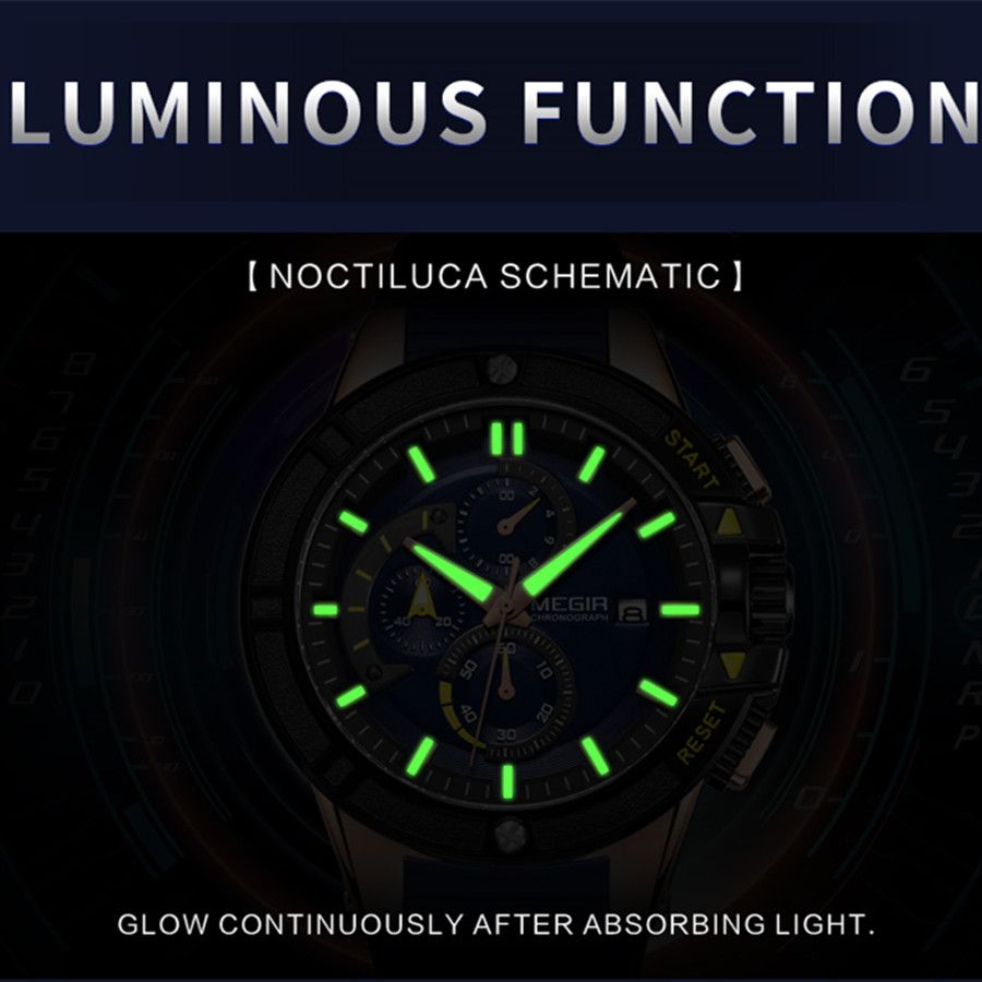 MEGIR 2095 men's chronograph watch feature graphic showing luminous hands and markers glowing in the dark