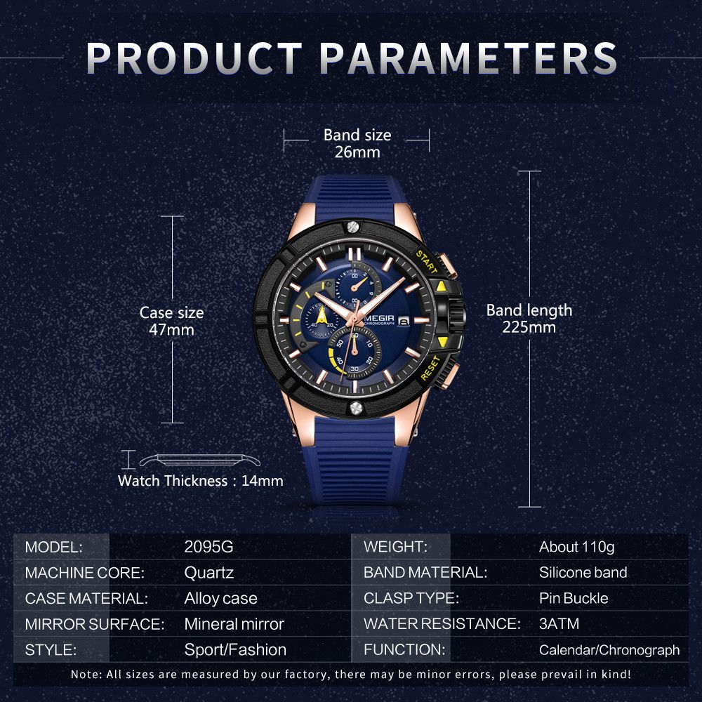MEGIR 2095 men's chronograph watch parameters graphic with case size, thickness, band size and length