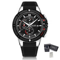 MEGIR 2095 men's chronograph watch, silver case with black dial, red accents and black silicone strap, with gift box