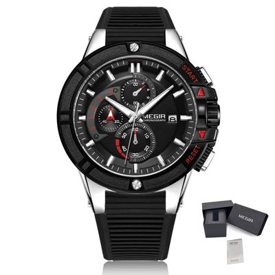 MEGIR 2095 men's chronograph watch, silver case with black dial, red accents and black silicone strap, with gift box