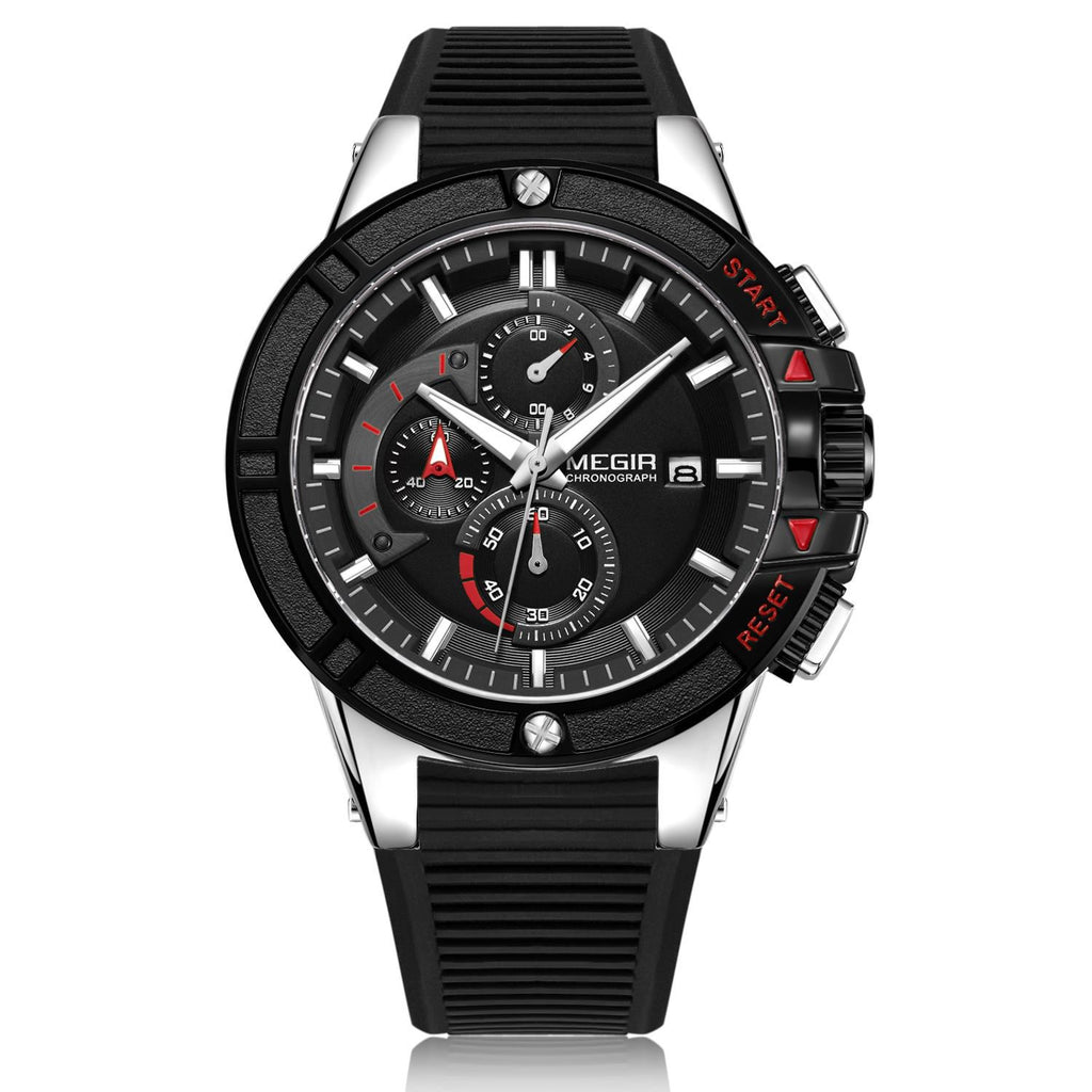 MEGIR 2095 men's chronograph watch, silver case with black dial, red accents and black silicone strap, front studio view