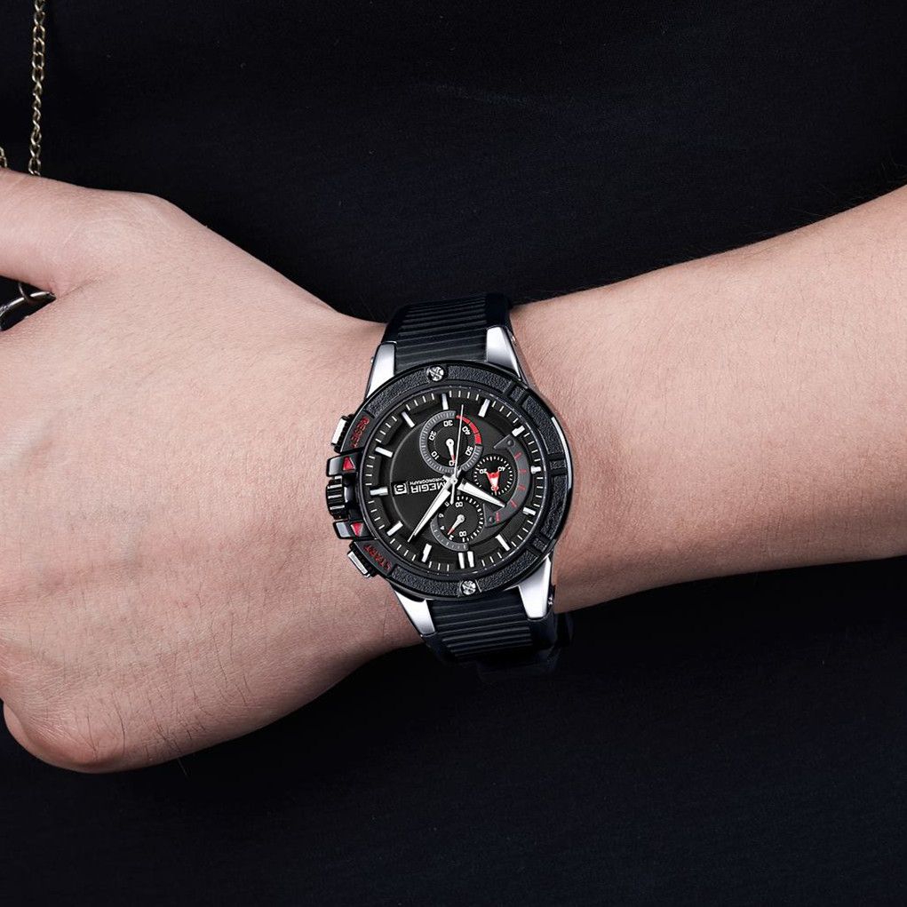 MEGIR 2095 men's chronograph watch on the wrist, silver case with black dial and black silicone strap