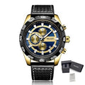 MEGIR 2096 men's chronograph watch, gold-tone accents with blue and gold dial and black leather strap, with gift box