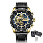 MEGIR 2096 men's chronograph watch, gold-tone accents with blue and gold dial and black leather strap, with gift box