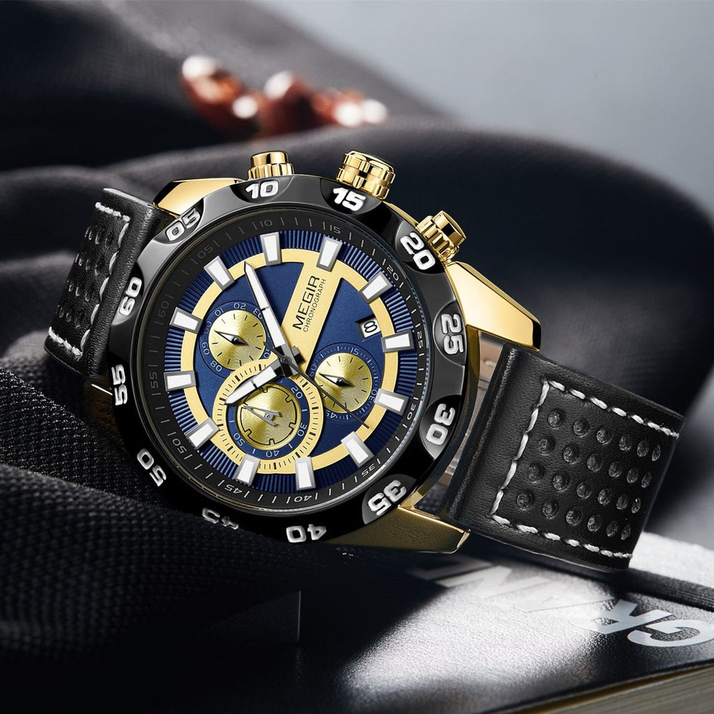 MEGIR 2096 men's chronograph watch, gold-tone accents with blue and gold dial and black leather strap, angled view