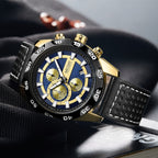 MEGIR 2096 men's chronograph watch, gold-tone accents with blue and gold dial and black leather strap, angled view